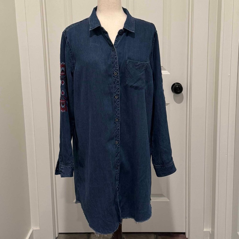Rails Denim Look Button Up Shirt Dress With Embroidered Stitch Size L